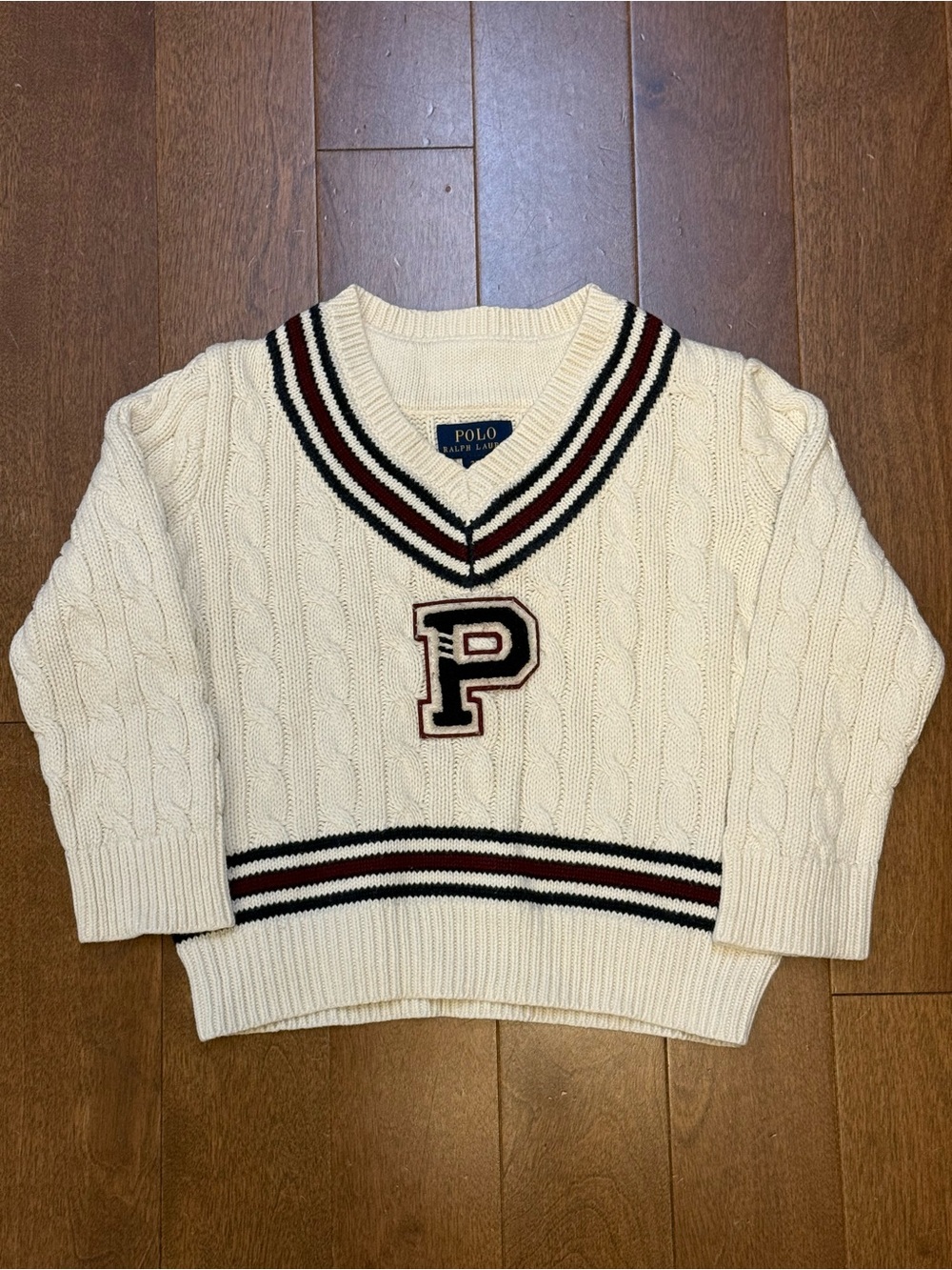 Polo by Ralph Lauren Cream Cable-Knit V-Neck Sweater with P Patch